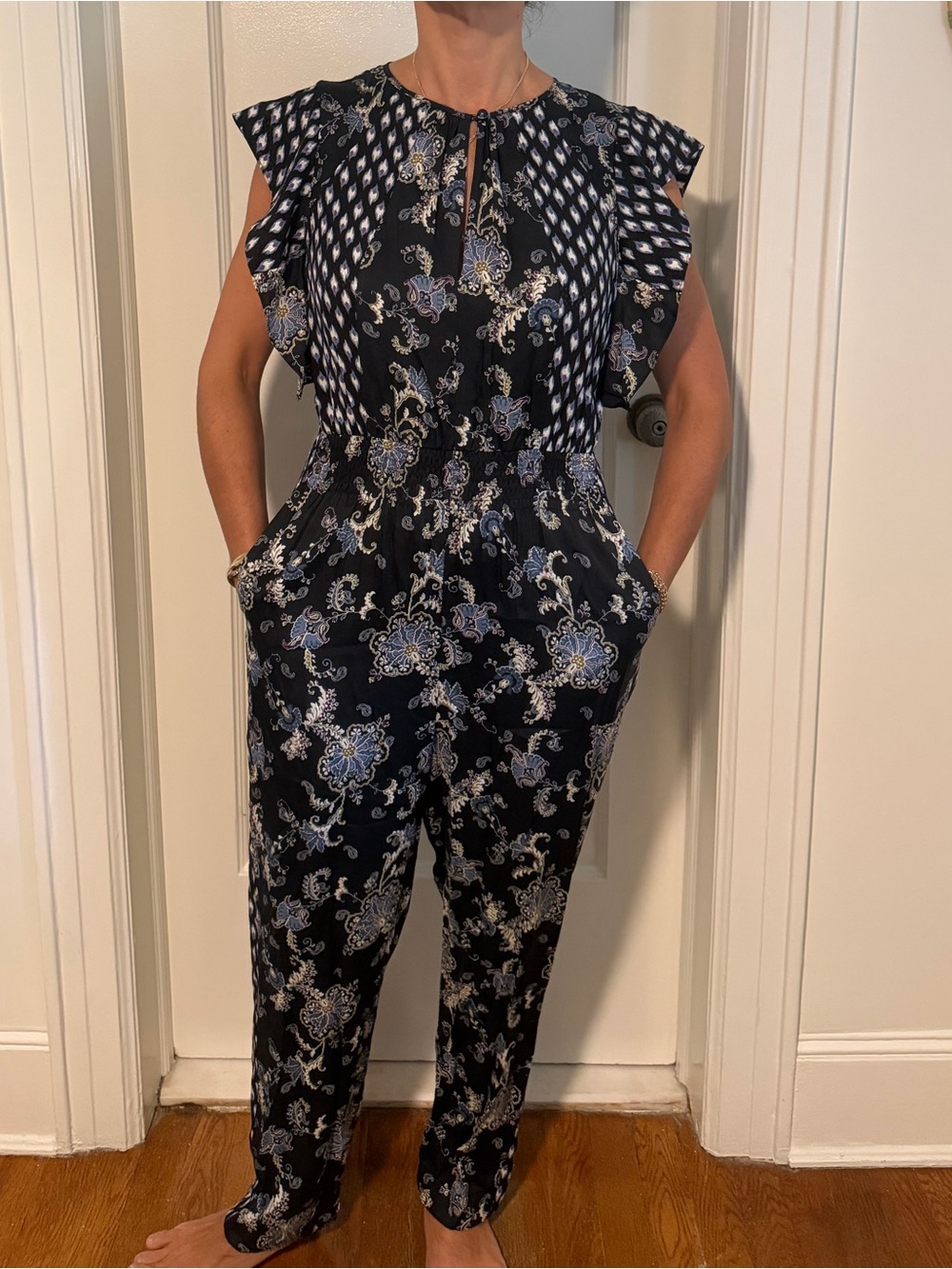 Rebecca Taylor Black Floral & Blue Printed Jumpsuit